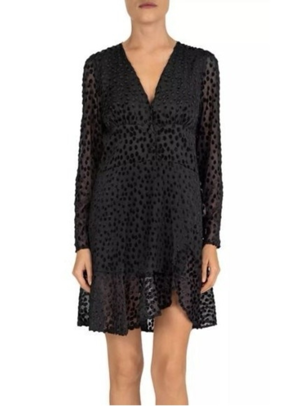 The Kooples Black Long-Sleeve V-Neck Textured Dot Dress Size 1 - US Small